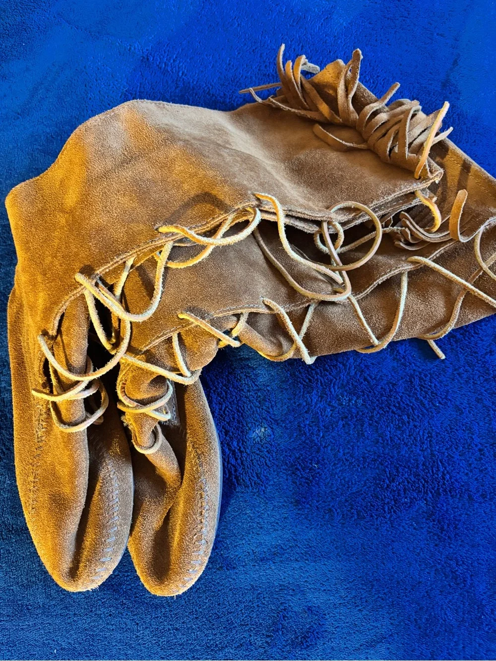 Minnetonka Chestnut Suede Fringe Lace-Up Over-The-Knee Boots